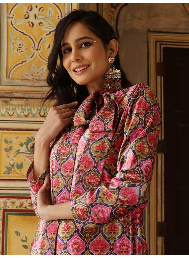 أيه كيه إس أكس كوتور كرتا مخمل مطبوع بالزهور بأكمام طويلة وربطة عنق مع شوري دار - Image 2