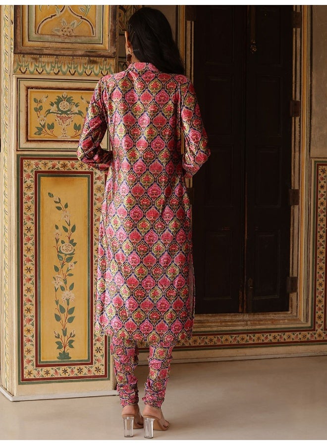 أيه كيه إس أكس كوتور كرتا مخمل مطبوع بالزهور بأكمام طويلة وربطة عنق مع شوري دار - Image 5