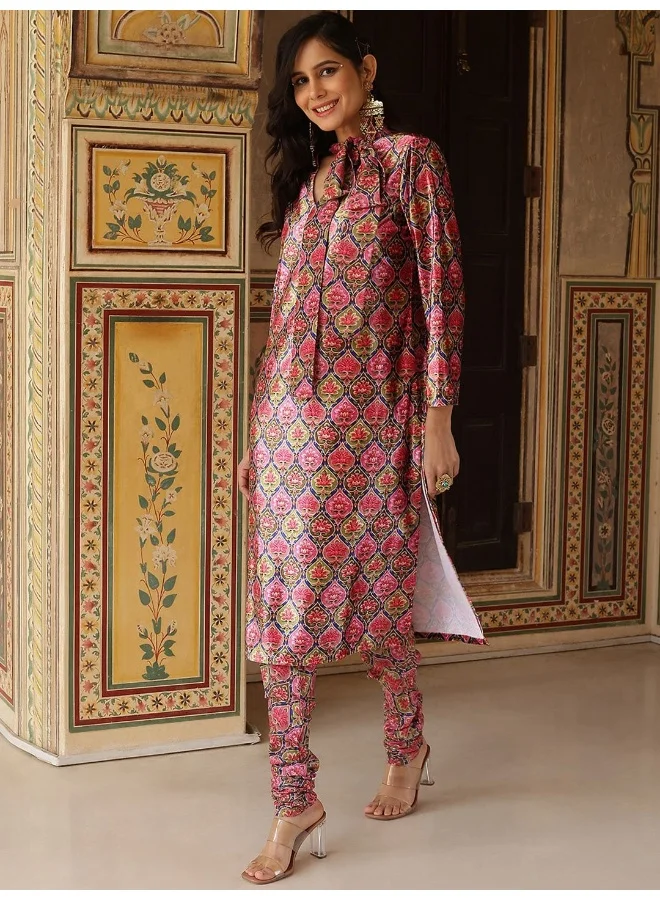 AKS AKS Couture Floral Printed Tie-Up Neck Long Sleeves Regular Velvet Kurta With Churidar