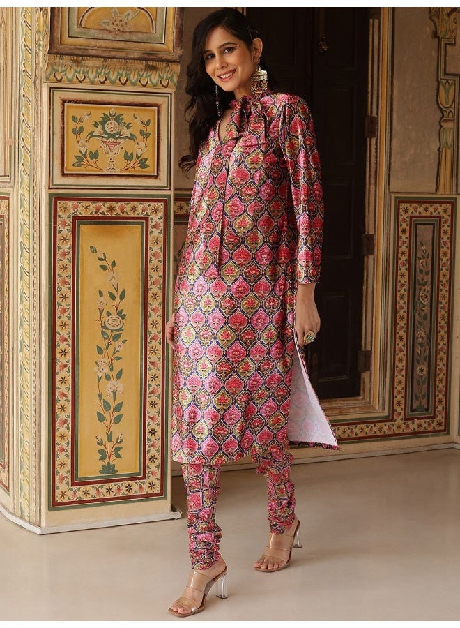 أيه كيه إس أكس كوتور كرتا مخمل مطبوع بالزهور بأكمام طويلة وربطة عنق مع شوري دار - Image 1