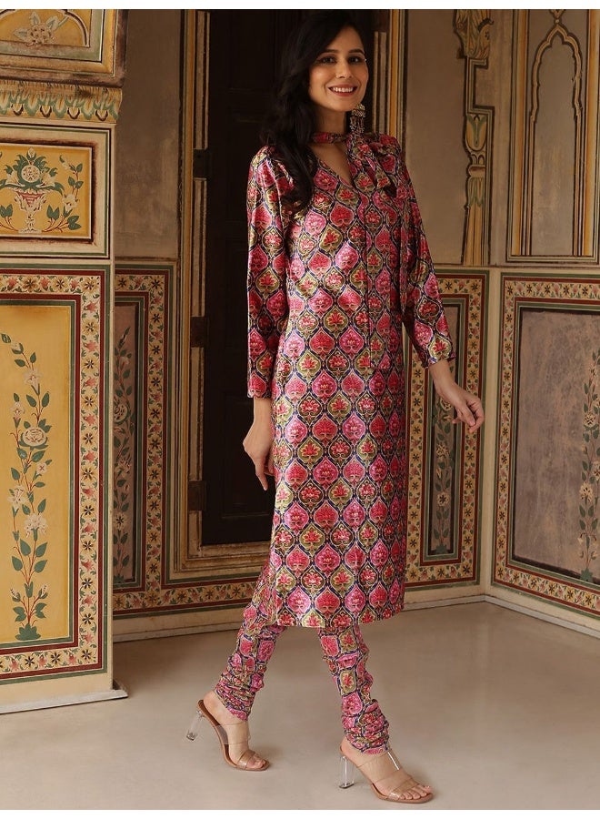 أيه كيه إس أكس كوتور كرتا مخمل مطبوع بالزهور بأكمام طويلة وربطة عنق مع شوري دار - Image 3