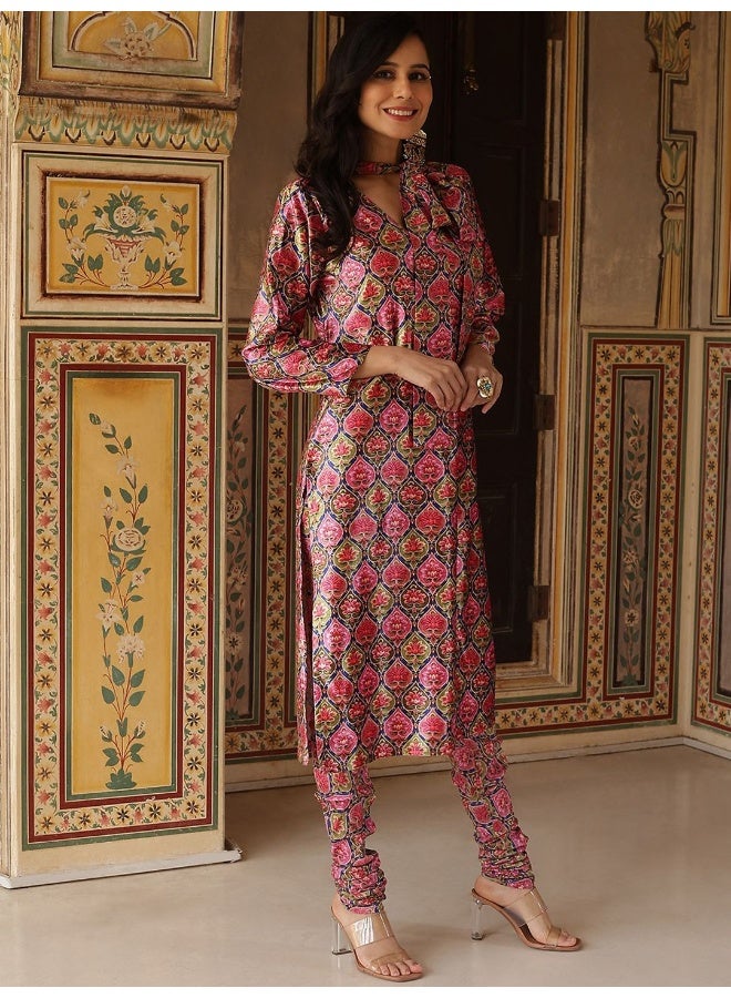 أيه كيه إس أكس كوتور كرتا مخمل مطبوع بالزهور بأكمام طويلة وربطة عنق مع شوري دار - Image 4