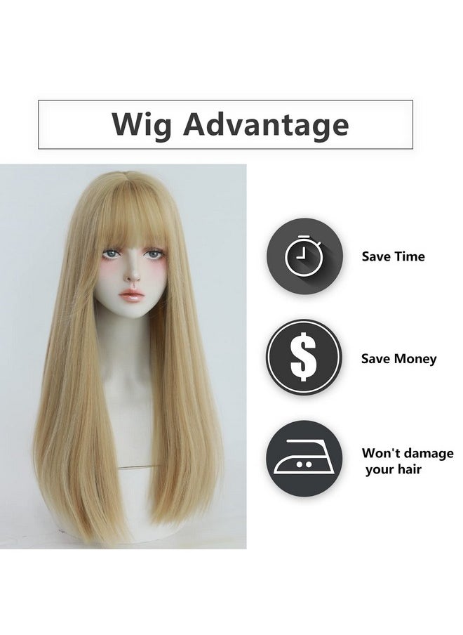 7JHH WIGS Blonde Wig With Bang For Women Long Straight Blonde Wig Synthetic Wig For Girl Emo Cosplay And Daily Use（23" Blonde  - Image 3