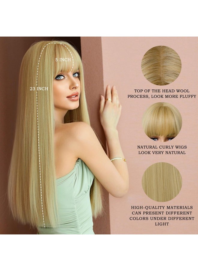 7JHH WIGS Blonde Wig With Bang For Women Long Straight Blonde Wig Synthetic Wig For Girl Emo Cosplay And Daily Use（23" Blonde  - Image 2