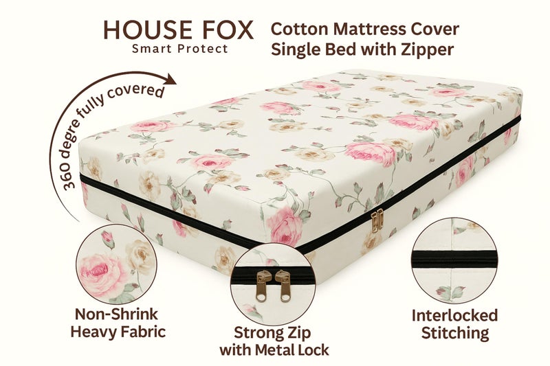 House Fox 6.25x6 Cotton Mattress Cover King Double Bed (75x72x6 inch) with Zipper| Non-Shrink Heavy Fabric | Strong Zip with Metal Lock | Interlocked Stitching (Floral Pink) - Image 4