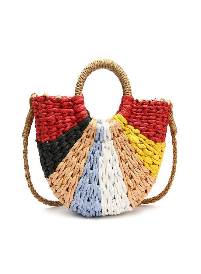 QTKJ Women Summer Retro Straw Tote Bag Hand-woven Colorful Boho Shoulder Bag Crossbody Bag Round Handle Beach Handbags - Image 1
