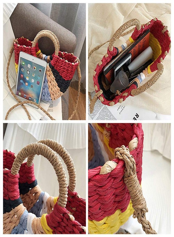 QTKJ Women Summer Retro Straw Tote Bag Hand-woven Colorful Boho Shoulder Bag Crossbody Bag Round Handle Beach Handbags - Image 3