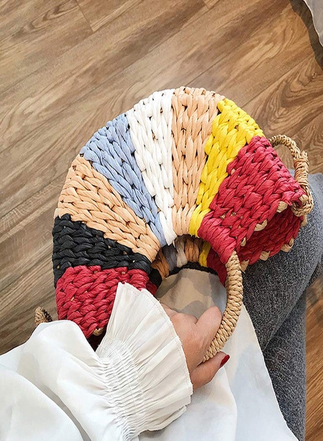 QTKJ Women Summer Retro Straw Tote Bag Hand-woven Colorful Boho Shoulder Bag Crossbody Bag Round Handle Beach Handbags - Image 5