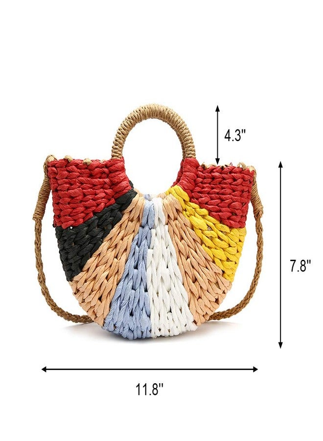QTKJ Women Summer Retro Straw Tote Bag Hand-woven Colorful Boho Shoulder Bag Crossbody Bag Round Handle Beach Handbags - Image 2