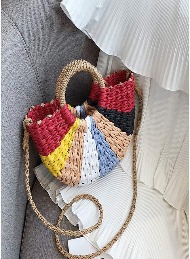 QTKJ Women Summer Retro Straw Tote Bag Hand-woven Colorful Boho Shoulder Bag Crossbody Bag Round Handle Beach Handbags - Image 4