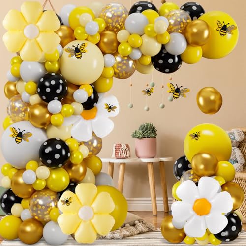VinTS 140 Pcs Bee Balloons Garland KitYellow Black White Balloons with Bee Stickers Gold Confetti Daisy Foil Balloons for Honey Bee Birthday Baby Shower Spring Theme Party Decoration - Image 1