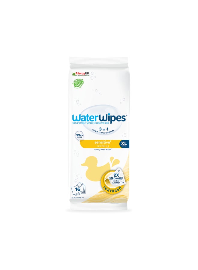 WaterWipes Sensitive+ Bathing Wipes, 16 Count (1 Pack), 3-In-1 Cleans, Cares, Protects, 99.9% Water, Unscented & Hypoallergenic
