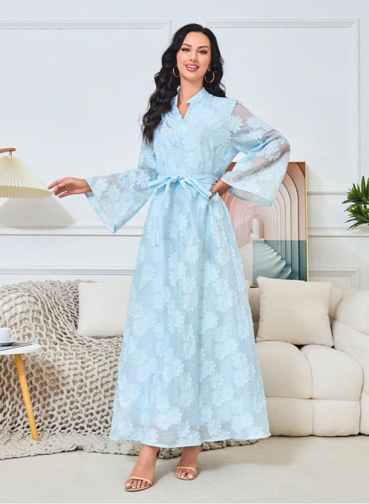 إسكدنيا النساء اللون الصلب المسلمة أبايا جاكارد نسيج فستان المساء مع حزام ماكسي رداء عربي أزرق - Image 2