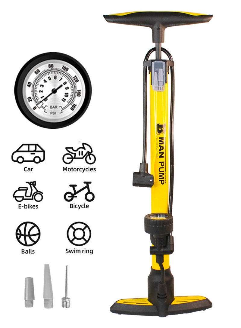 BAIMEI Bicycle Air Pump - 160psi High Pressure Air Inflating Manual Air Pump With Pressure Gauge and Multifunction Valves - Multi-Use Air Pump Basketball Football, Bikes, Cycles, Cars, Toys, Swim Inflatables  - Image 1