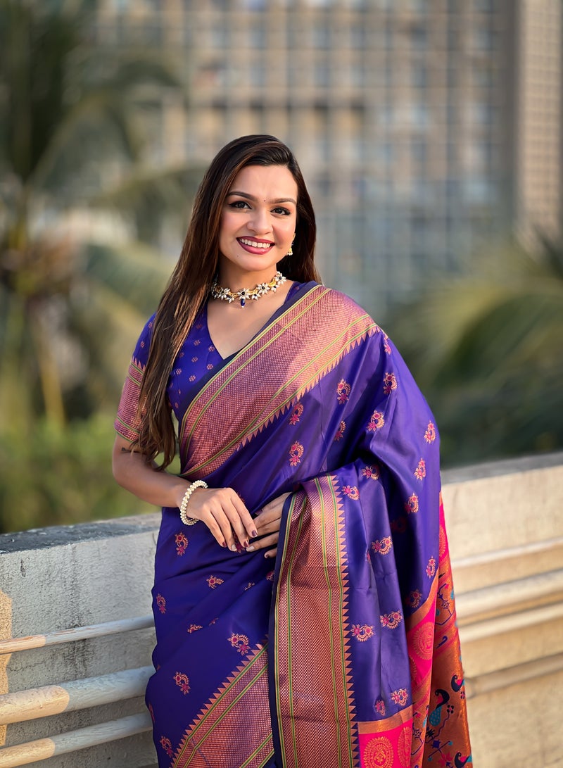 TRENDING Soft Silk Violent sarees with Meenakari weaves  - Image 3