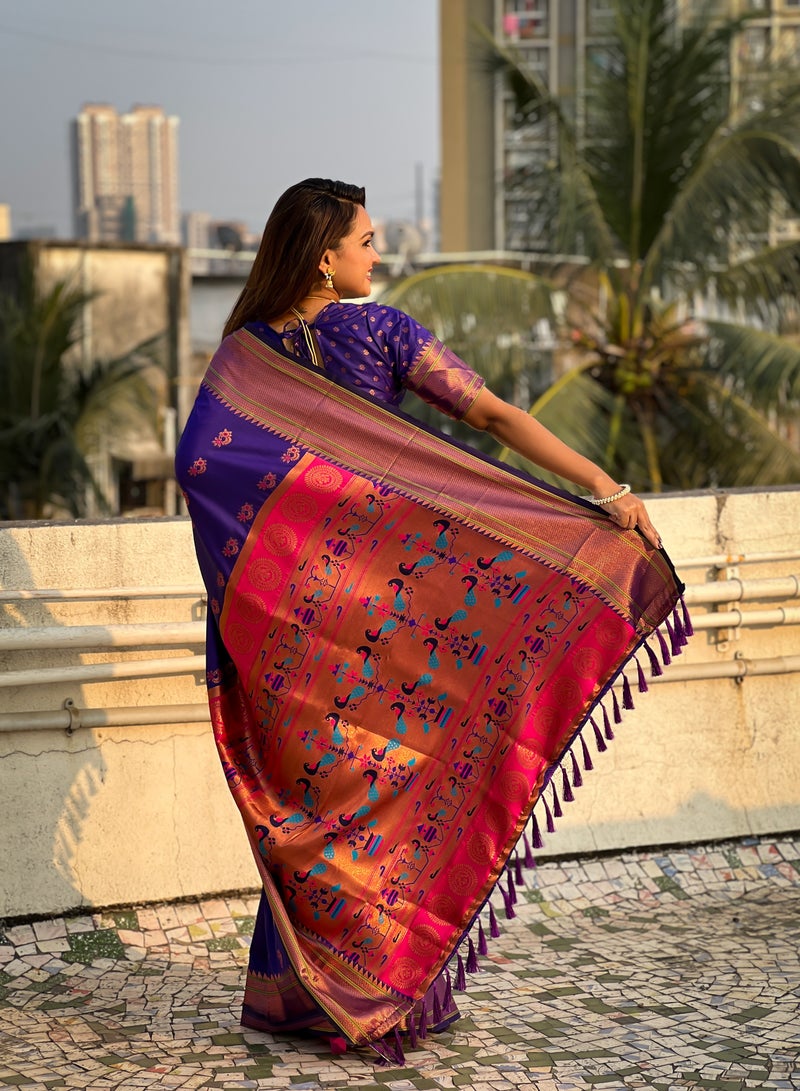 TRENDING Soft Silk Violent sarees with Meenakari weaves  - Image 5