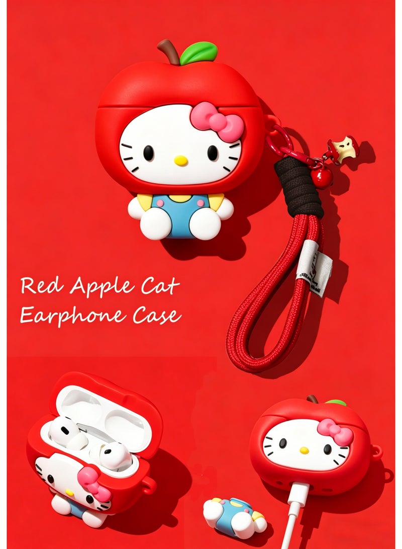 HaDoii Red Apple Cat Earphone Case for AirPods Pro 3, Soft Silicone Protective Cover , with Bitten Apple Charm and Red Lanyard, Women Girls - Image 3