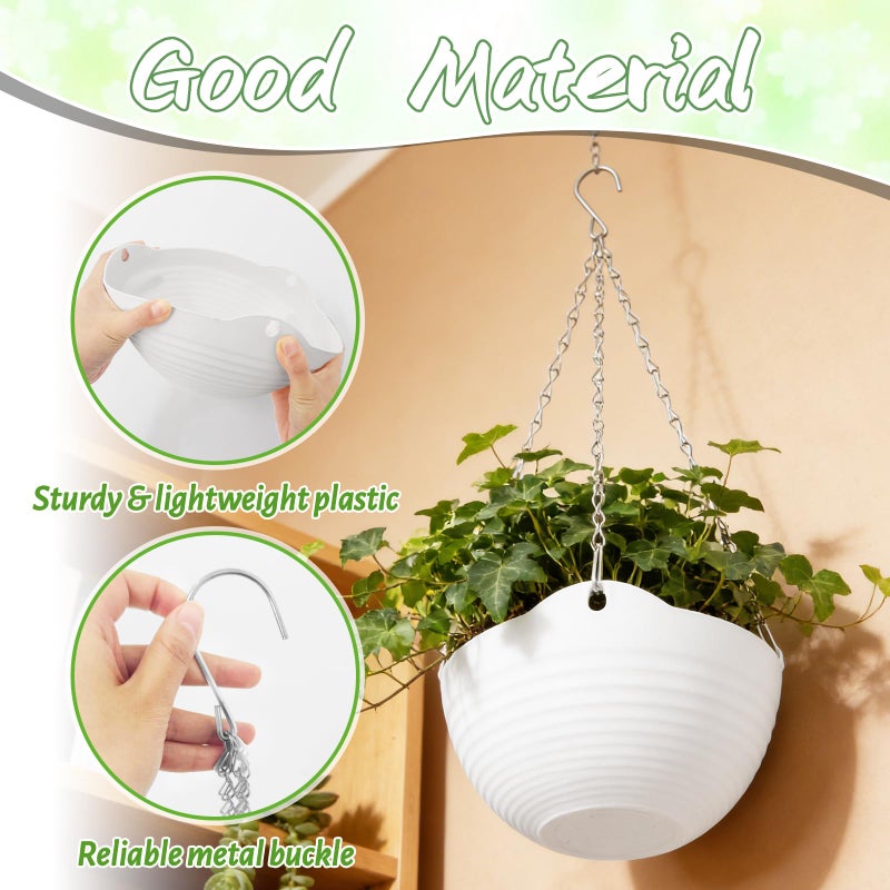 Bvrbaory 8 Pack Hanging Planter Pots,Self-Watering Flower Pot with Water Tray & Metal Chain,White Plastic Hanging Plant Pots for Indoor Outdoor Garden Decor,8 Inch - Image 3