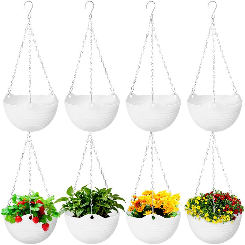 Bvrbaory 8 Pack Hanging Planter Pots,Self-Watering Flower Pot with Water Tray & Metal Chain,White Plastic Hanging Plant Pots for Indoor Outdoor Garden Decor,8 Inch - Image 1