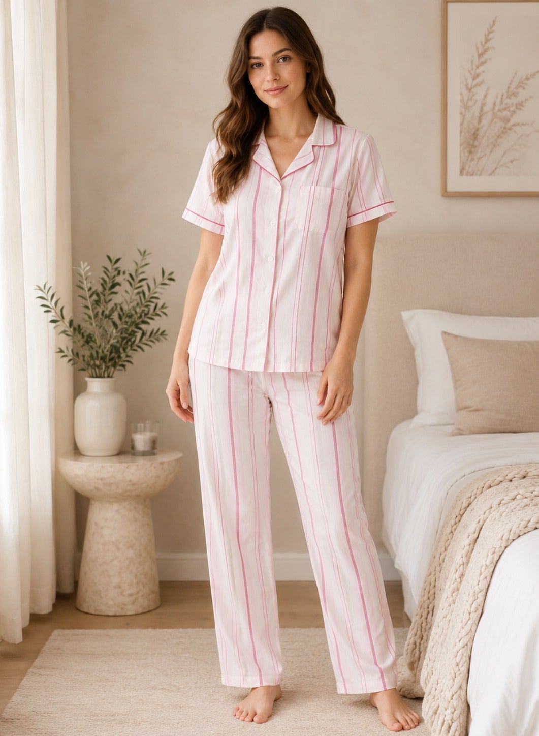 victor and jane Women's Striped Pyjama Set with Contrast Piping