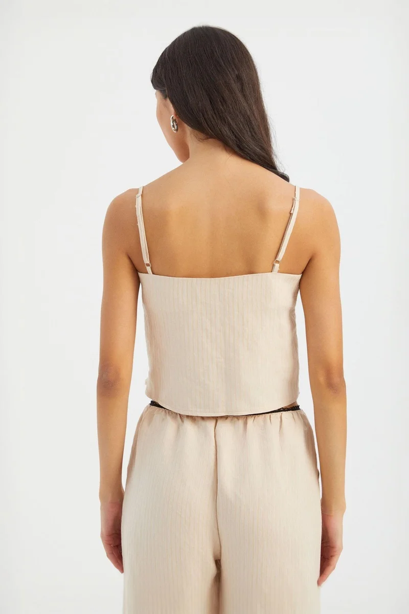 Hiccup Cream Natural Striped Square Neck Strappy Cropped Top for Women | Best Price UAE