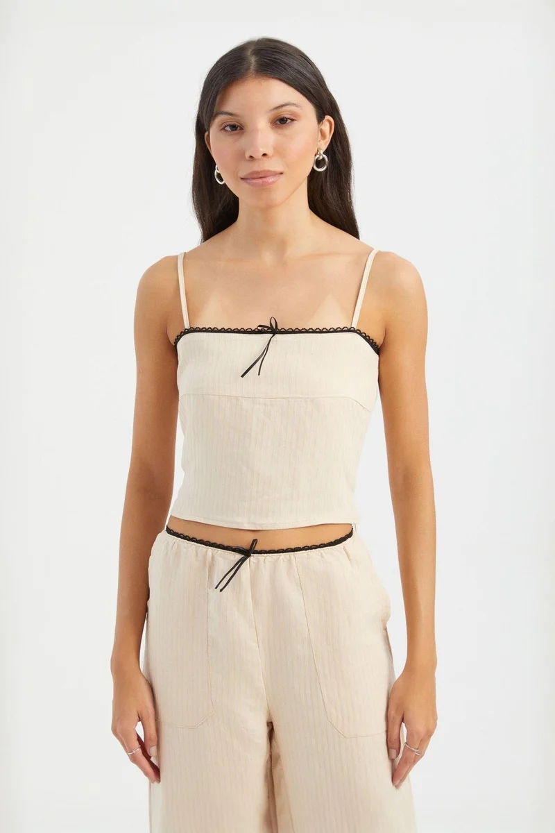 Hiccup Cream Natural Striped Square Neck Strappy Cropped Top for Women | Best Price UAE