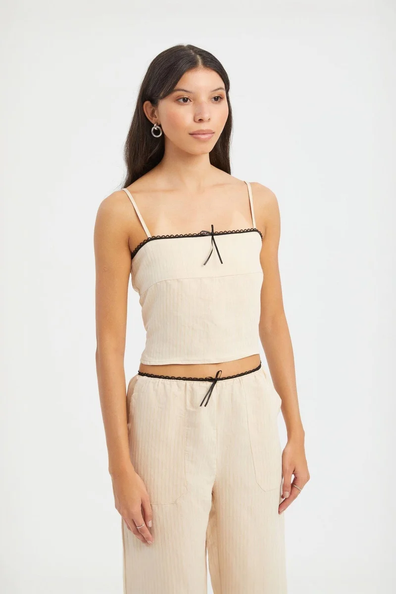 Hiccup Cream Natural Striped Square Neck Strappy Cropped Top for Women | Best Price UAE