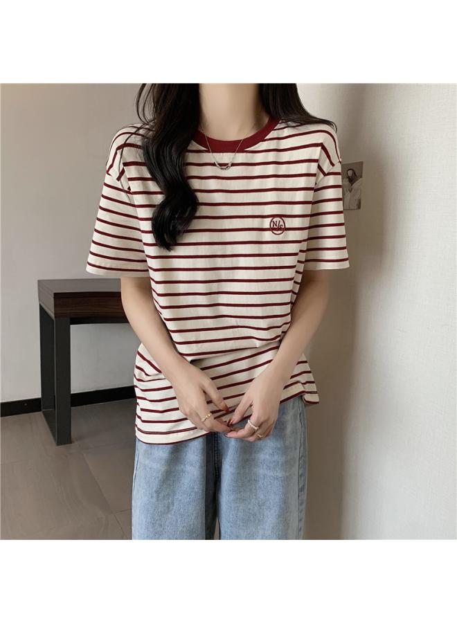 VUELO Real Shot Cotton Striped Short-sleeved T-shirt Women's Summer Loose All-match Student Half-sleeved Top Base-layer Shirt