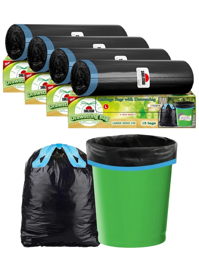shalimar Shalimar Premium OXO-Biodegradable Drawstring Garbage Bag – 60 Bags (4 Rolls) – 61 x 81 cm – Fits 10 to 12 Gallon Bins – Trash/Dustbin Bags – Leak-Proof & Tear-Resistant – Black  - Image 1