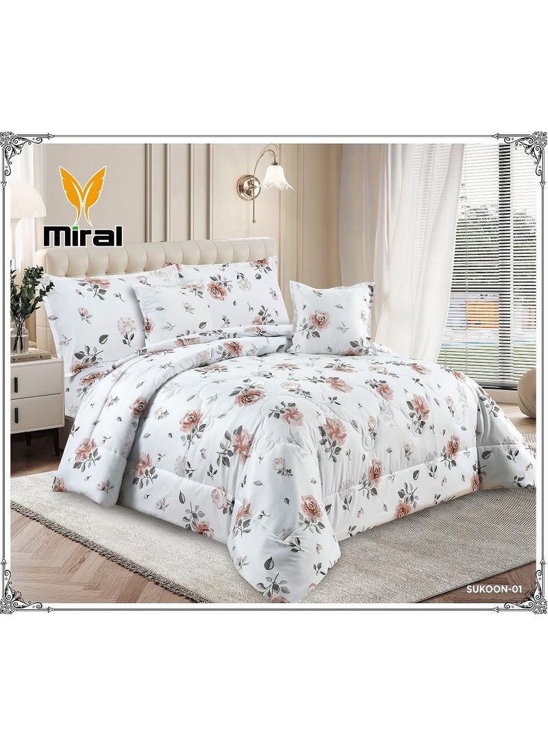 Miral Floral Comforter Set for Double Bed – 6 Pieces – 240×220 cm Quilt – Fitted Sheet 200×200+30 cm