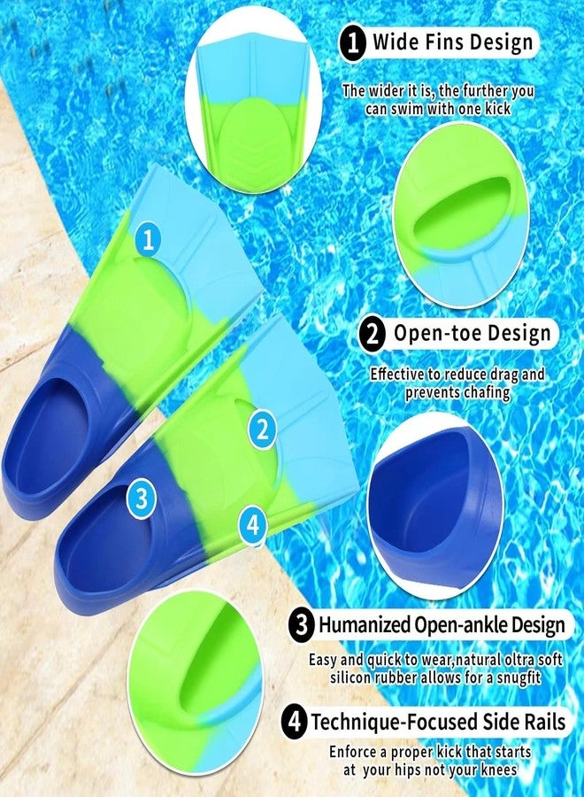 Fanwill Kids Swim Fins,Short Comfortable Flippers for Lap Swimming and Training for Child,Girls,Boys,Beginners Blue/Green/SkyBlue(L) - Image 2