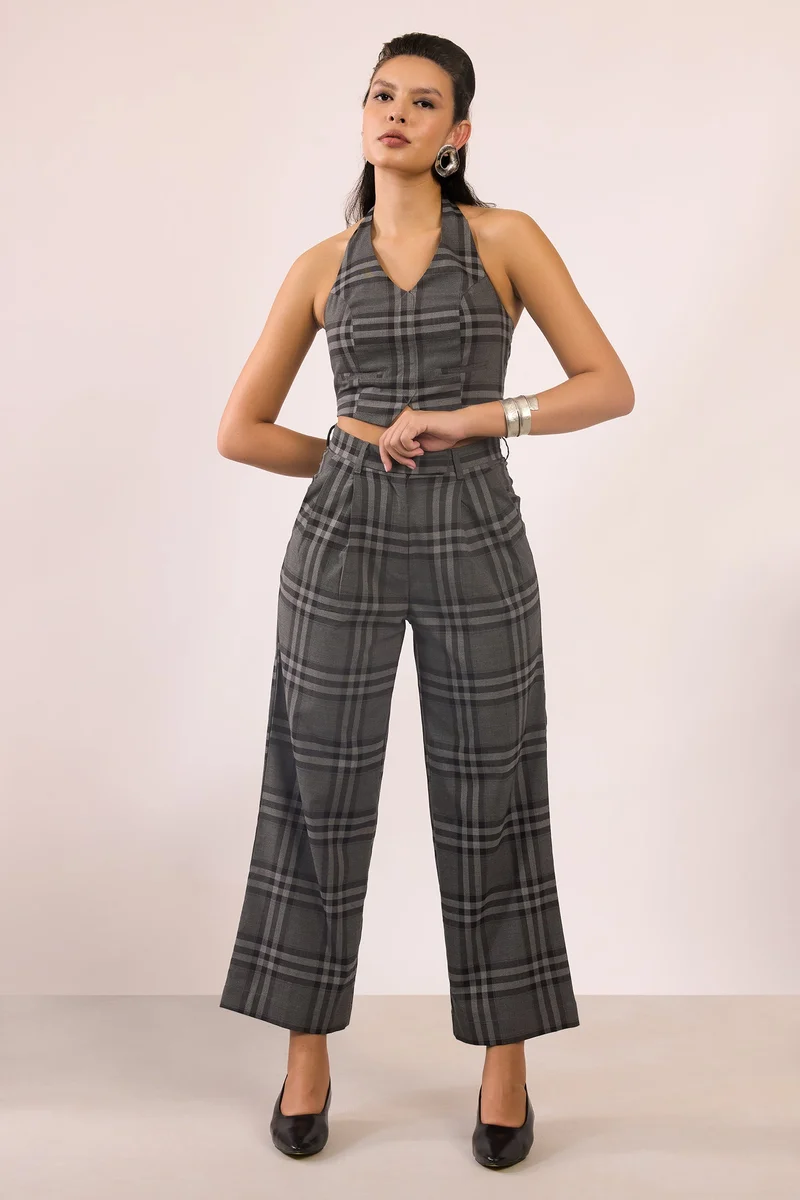 فيرجيو Checks Viscose Stretch Checked Straight Fit Pant for Women