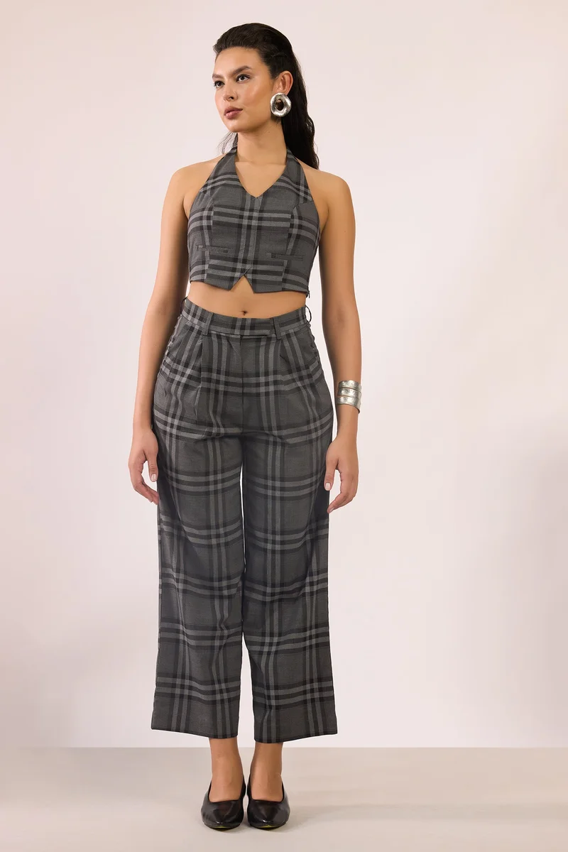 فيرجيو Checks Viscose Stretch Checked Straight Fit Pant for Women