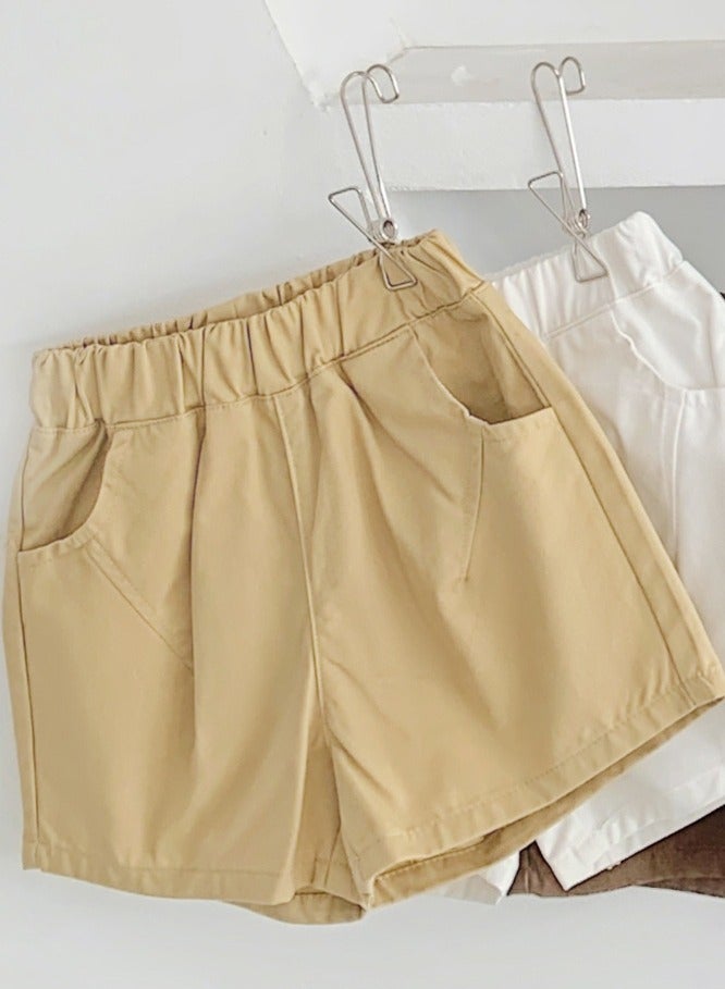 Loquat Kids Solid Color Elastic Waist Shorts With Pockets Summer Casual Wear Khaki 