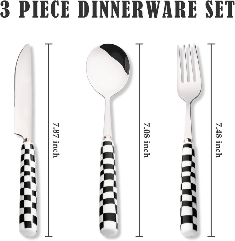 Koythin 3Piece Cutlery Set Stainless Steel Flatware Sets with Black Checkerboard Pattern Ceramic Handle Utensils including Knife Fork Spoon Black - Image 2