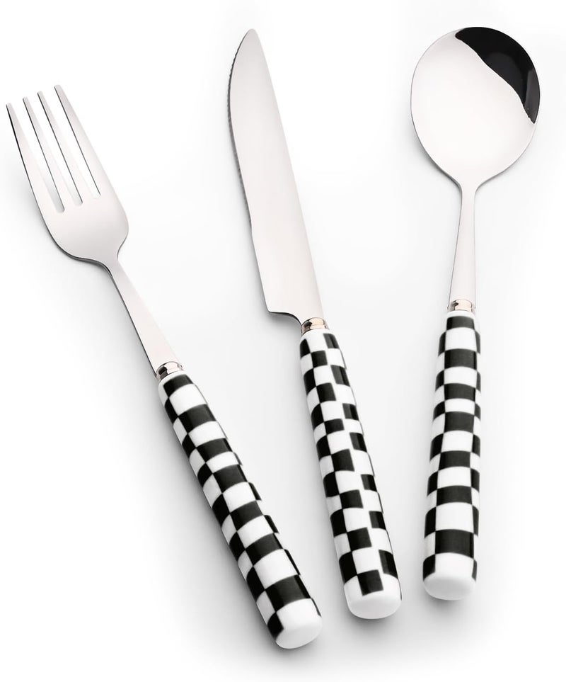 Koythin 3Piece Cutlery Set Stainless Steel Flatware Sets with Black Checkerboard Pattern Ceramic Handle Utensils including Knife Fork Spoon Black - Image 1