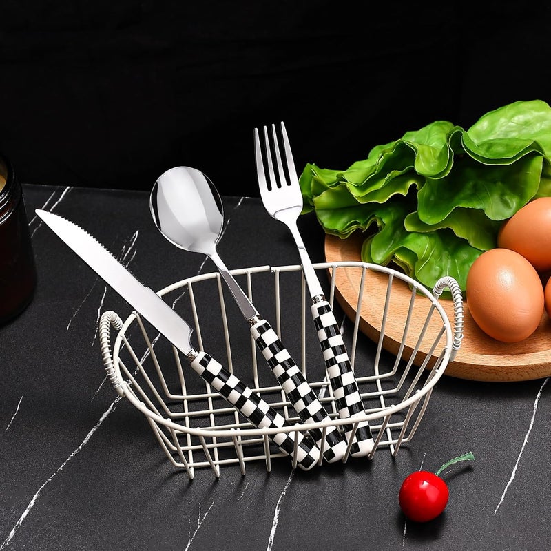 Koythin 3Piece Cutlery Set Stainless Steel Flatware Sets with Black Checkerboard Pattern Ceramic Handle Utensils including Knife Fork Spoon Black - Image 4