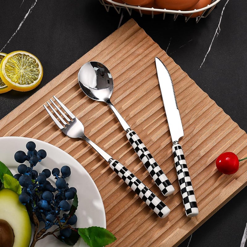 Koythin 3Piece Cutlery Set Stainless Steel Flatware Sets with Black Checkerboard Pattern Ceramic Handle Utensils including Knife Fork Spoon Black - Image 5
