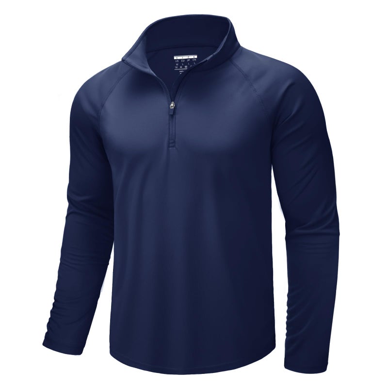 CRYSULLY Men's Running Shirt Long Sleeve Quarter Zip Pullover Moisture Wicking Quick Drying Workout Shirts Navy L - Image 1