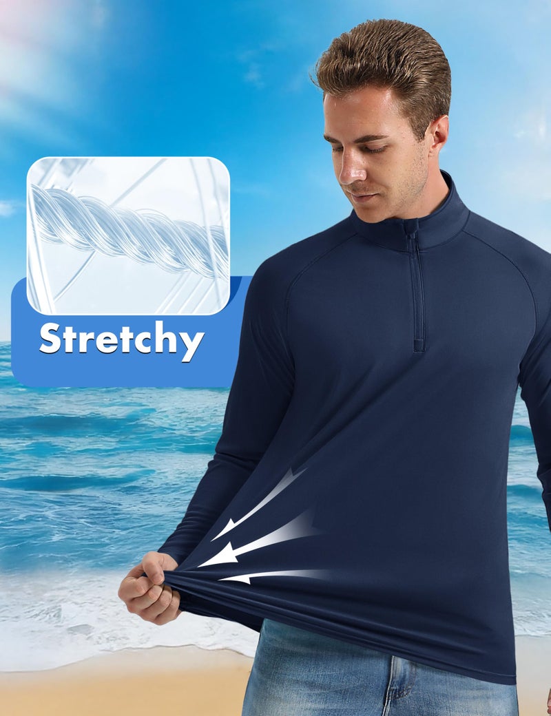 CRYSULLY Men's Running Shirt Long Sleeve Quarter Zip Pullover Moisture Wicking Quick Drying Workout Shirts Navy L - Image 2