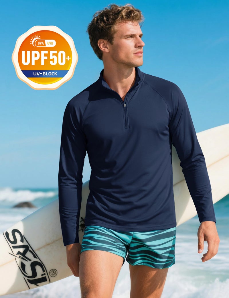 CRYSULLY Men's Running Shirt Long Sleeve Quarter Zip Pullover Moisture Wicking Quick Drying Workout Shirts Navy L - Image 3