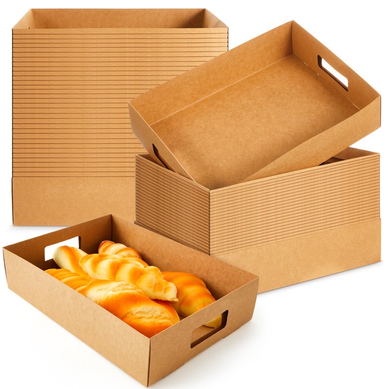 LemonRoad 50 Pack Kraft Cardboard Food Trays Sturdy Disposable Cookie Serving Platters for Parties Brown Paperboard Crate, Dessert Display Tray, Gift Giving, Christmas, Weddings(Brown,13" X 9" X 3") - Image 1