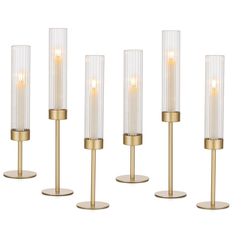 Hewory Gold Hurricane Candle Holders: Brass Candlestick Holders Set of 6 Tall Taper Candle Holders for Candlesticks Candle Sticks Holder Decor for Table Centerpiece Wedding Party Christmas Decorations - Image 1