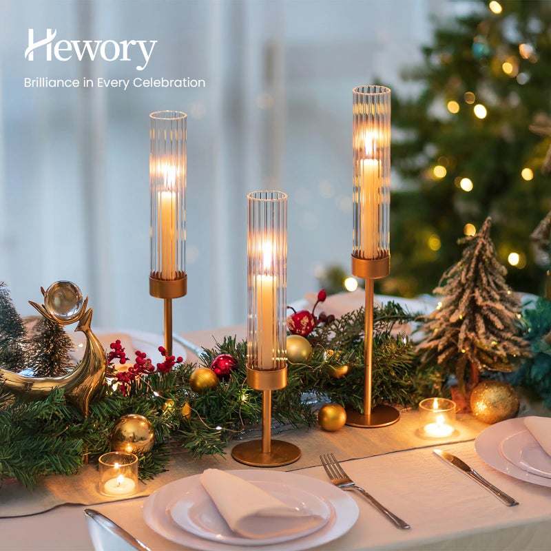 Hewory Gold Hurricane Candle Holders: Brass Candlestick Holders Set of 6 Tall Taper Candle Holders for Candlesticks Candle Sticks Holder Decor for Table Centerpiece Wedding Party Christmas Decorations - Image 2