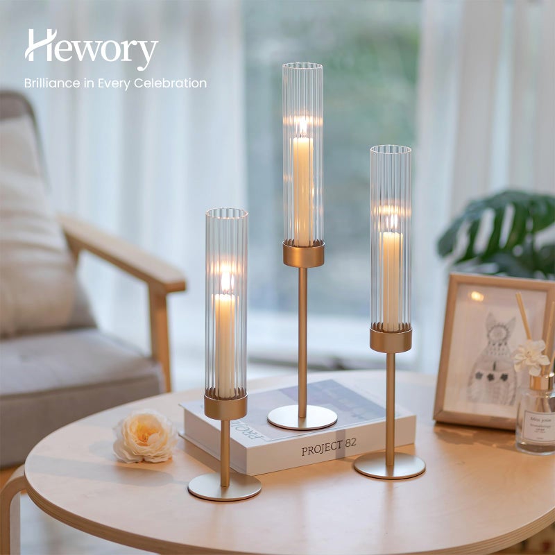 Hewory Gold Hurricane Candle Holders: Brass Candlestick Holders Set of 6 Tall Taper Candle Holders for Candlesticks Candle Sticks Holder Decor for Table Centerpiece Wedding Party Christmas Decorations - Image 4