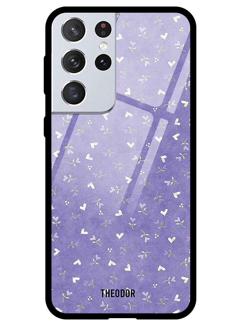 Theodor Protective Tempered Glass Case Cover Samsung Galaxy S21 ULTRA Hearts Purple Background - Image 1