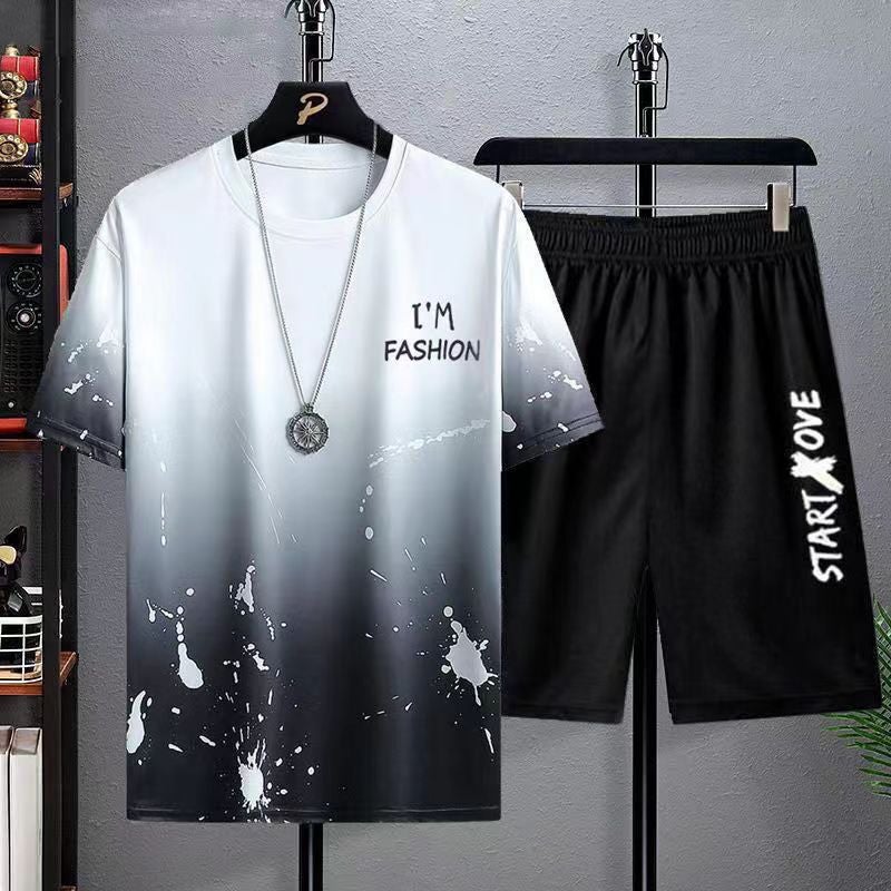 Mens Summer Fashion Gradient Ice Silk Short-sleeve Set White Gradient Set 
