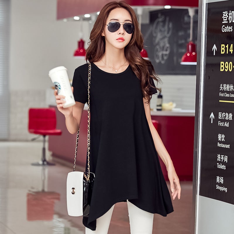 2024 Summer New Loose Plus-Size Solid Color Irregular Hem Cotton Plus-Size Mid-Length Short-Sleeve T-Shirt Women''s Top - Image 3