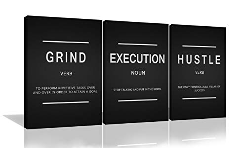 Urttiiyy 3 Pieces Grind Verb Hustle Verb Execution Noun Motivational Wall Art Canvas Print Office Decor Inspiring Framed Prints Inspirational Quotes for Wall Art Decoration Ready to Hang - Image 1