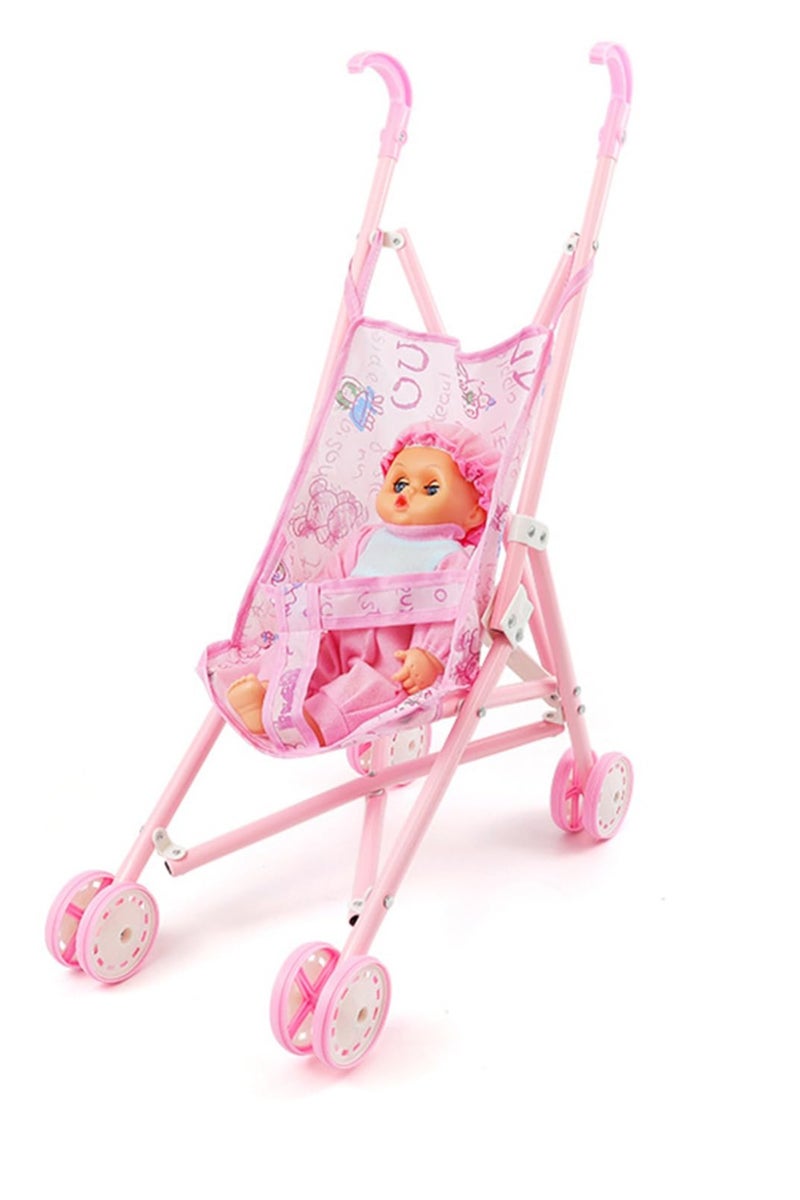 Foldable Baby Doll Stroller, Iron Sturdy Toddler Buggy Set, Children Educational Early Education Toys without Winking Doll, Ideal Gift for Imaginative Fun - Pink - Image 1